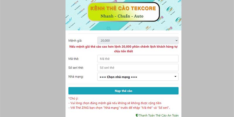 Nạp vốn bằng thẻ cào điện thoại tại hệ thống nhà cái